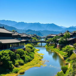 A serene scene set in ancient China, featuring traditional architecture with curved rooftops, lush gardens, and a tranquil river flowing through