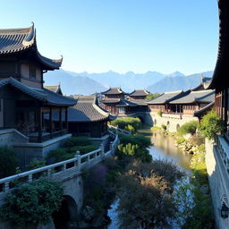 A serene scene set in ancient China, featuring traditional architecture with curved rooftops, lush gardens, and a tranquil river flowing through