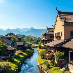 A serene scene set in ancient China, featuring traditional architecture with curved rooftops, lush gardens, and a tranquil river flowing through