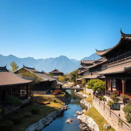 A serene scene set in ancient China, featuring traditional architecture with curved rooftops, lush gardens, and a tranquil river flowing through