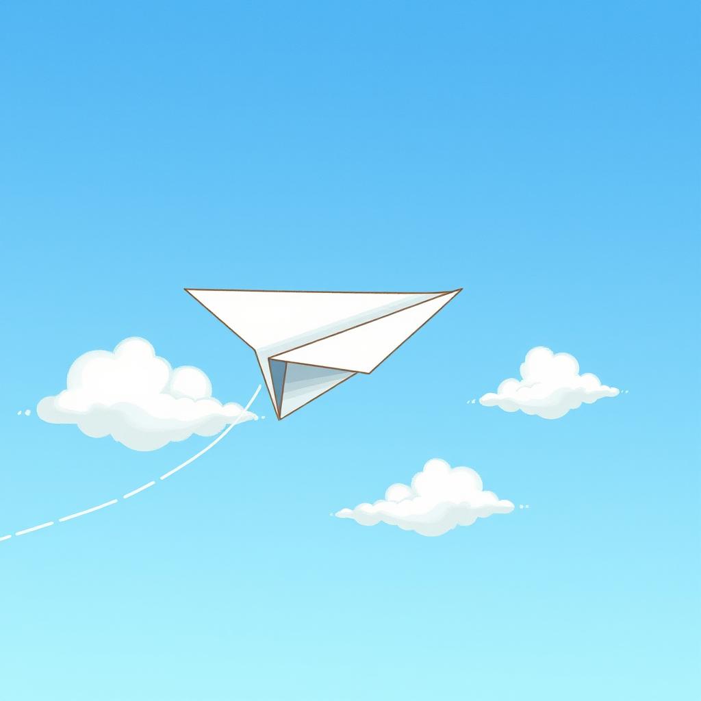 A detailed illustration of a paper plane flying through a clear blue sky with a few fluffy white clouds