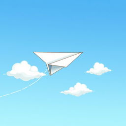 A detailed illustration of a paper plane flying through a clear blue sky with a few fluffy white clouds