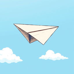 A detailed illustration of a paper plane flying through a clear blue sky with a few fluffy white clouds