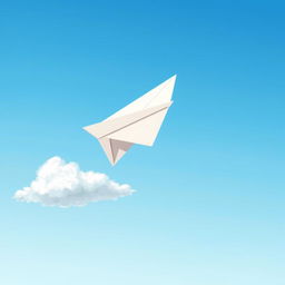 A detailed illustration of a paper plane flying through a clear blue sky with a few fluffy white clouds