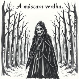 A hand-drawn image of a person wearing a black cloak with a demonic, frightening face, standing in the middle of a terrifying forest