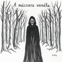 A hand-drawn image of a person wearing a black cloak with a demonic, frightening face, standing in the middle of a terrifying forest