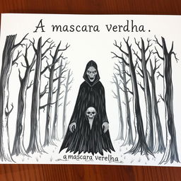 A hand-drawn image of a person wearing a black cloak with a demonic, frightening face, standing in the middle of a terrifying forest