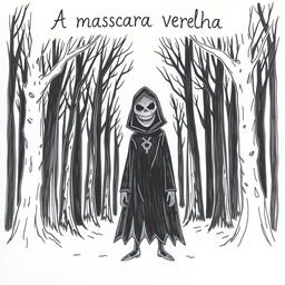 A hand-drawn image of a person wearing a black cloak with a demonic, frightening face, standing in the middle of a terrifying forest