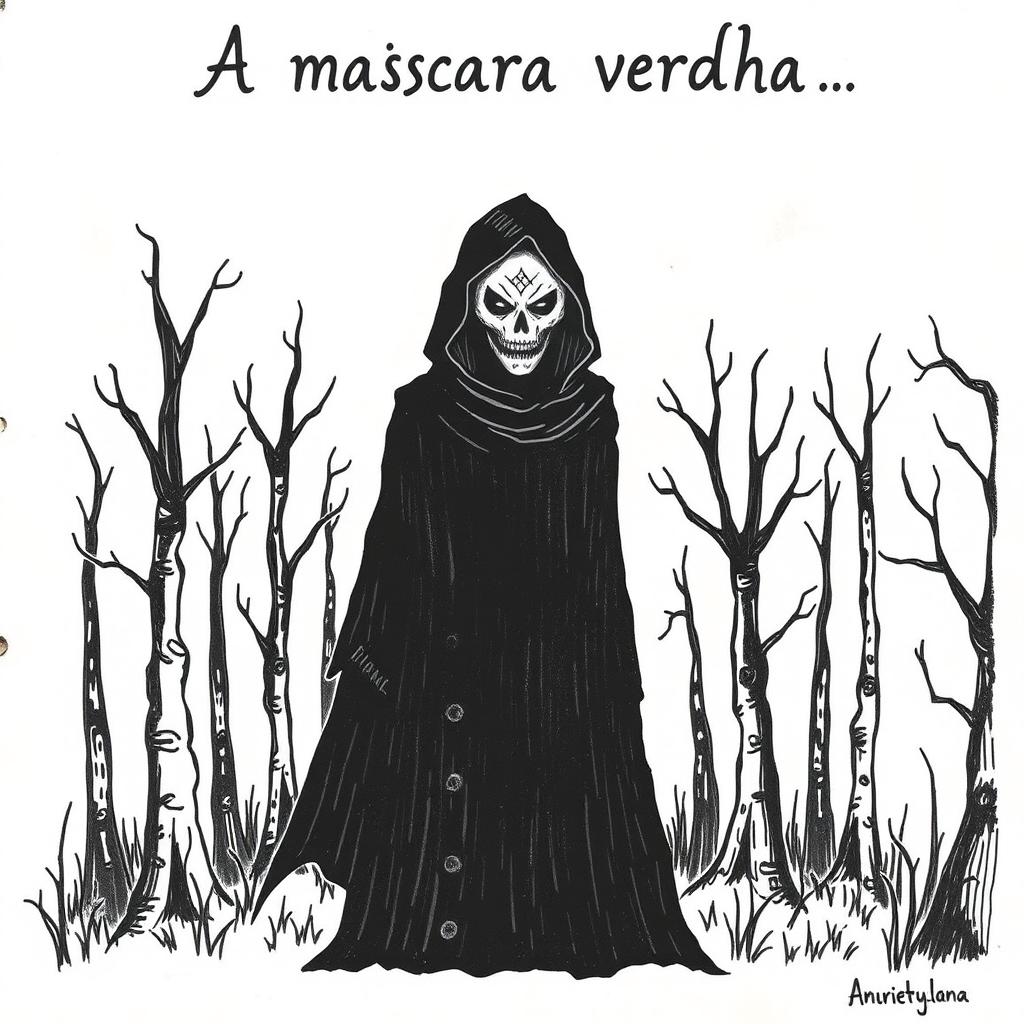 A hand-drawn image of a person in a black cloak with a demonic, terrifying face, standing in the middle of a spooky forest