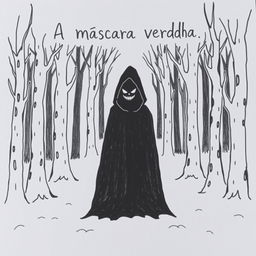 A hand-drawn image of a person in a black cloak with a demonic, terrifying face, standing in the middle of a spooky forest