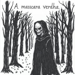 A hand-drawn image of a person in a black cloak with a demonic, terrifying face, standing in the middle of a spooky forest