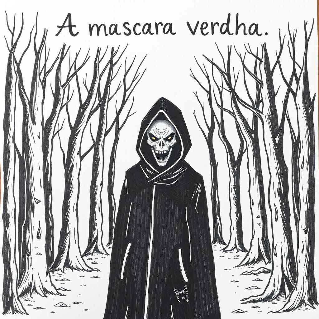 A hand-drawn image of a person in a black cloak with a demonic, terrifying face, standing in the middle of a spooky forest