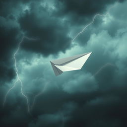 A paper plane caught in turbulence, flying through a stormy sky with dark clouds and lightning