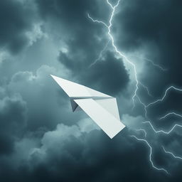 A paper plane caught in turbulence, flying through a stormy sky with dark clouds and lightning