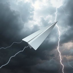 A paper plane caught in turbulence, flying through a stormy sky with dark clouds and lightning