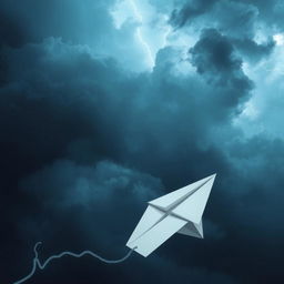 A paper plane caught in turbulence, flying through a stormy sky with dark clouds and lightning