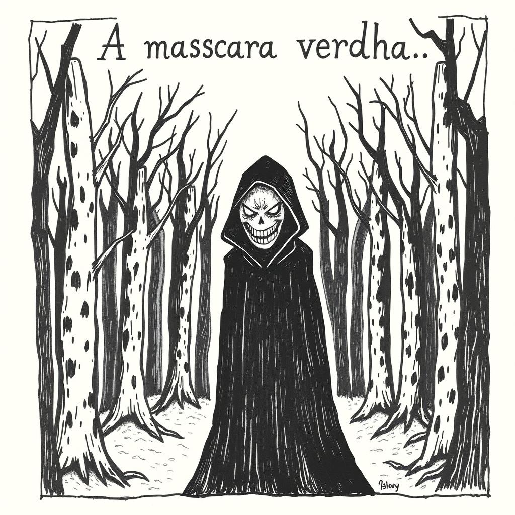 A hand-drawn image of a person in a black cloak with a demonic, frightening face, standing in the middle of a terrifying forest