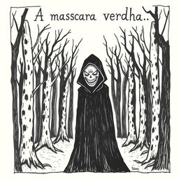 A hand-drawn image of a person in a black cloak with a demonic, frightening face, standing in the middle of a terrifying forest