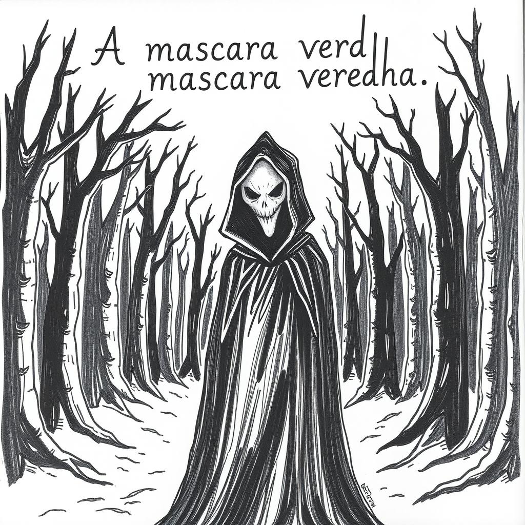 A hand-drawn image of a person in a black cloak with a demonic, frightening face, standing in the middle of a terrifying forest