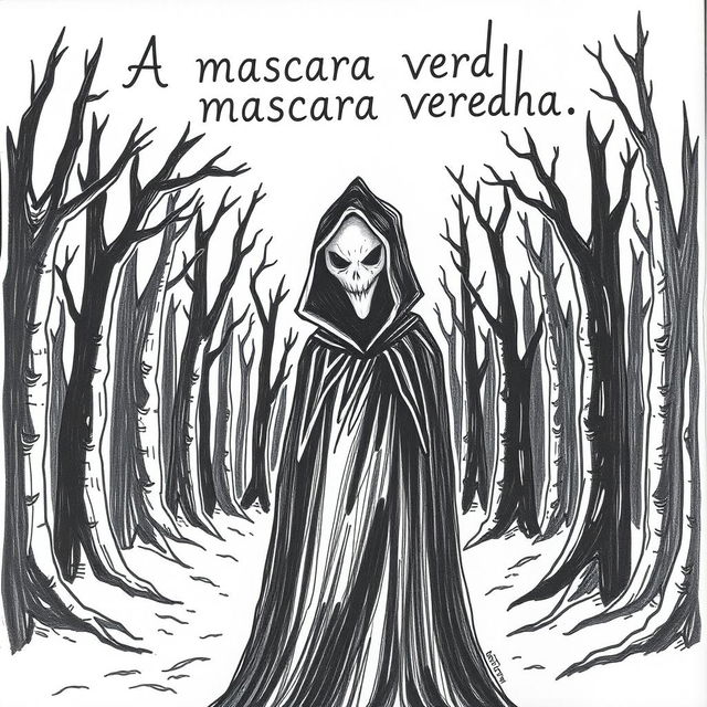 A hand-drawn image of a person in a black cloak with a demonic, frightening face, standing in the middle of a terrifying forest