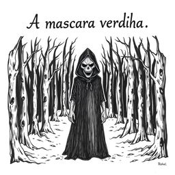 A hand-drawn image of a person in a black cloak with a demonic, frightening face, standing in the middle of a terrifying forest