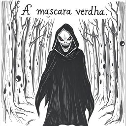 A hand-drawn image of a person in a black cloak with a demonic, frightening face, standing in the middle of a terrifying forest