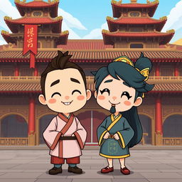 A cartoon-style image set in an ancient Chinese palace