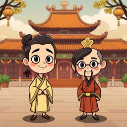 A cartoon-style image set in an ancient Chinese palace