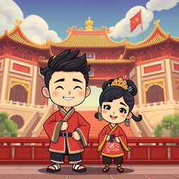 A cartoon-style image set in an ancient Chinese palace