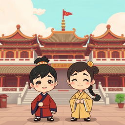 A cartoon-style image set in an ancient Chinese palace