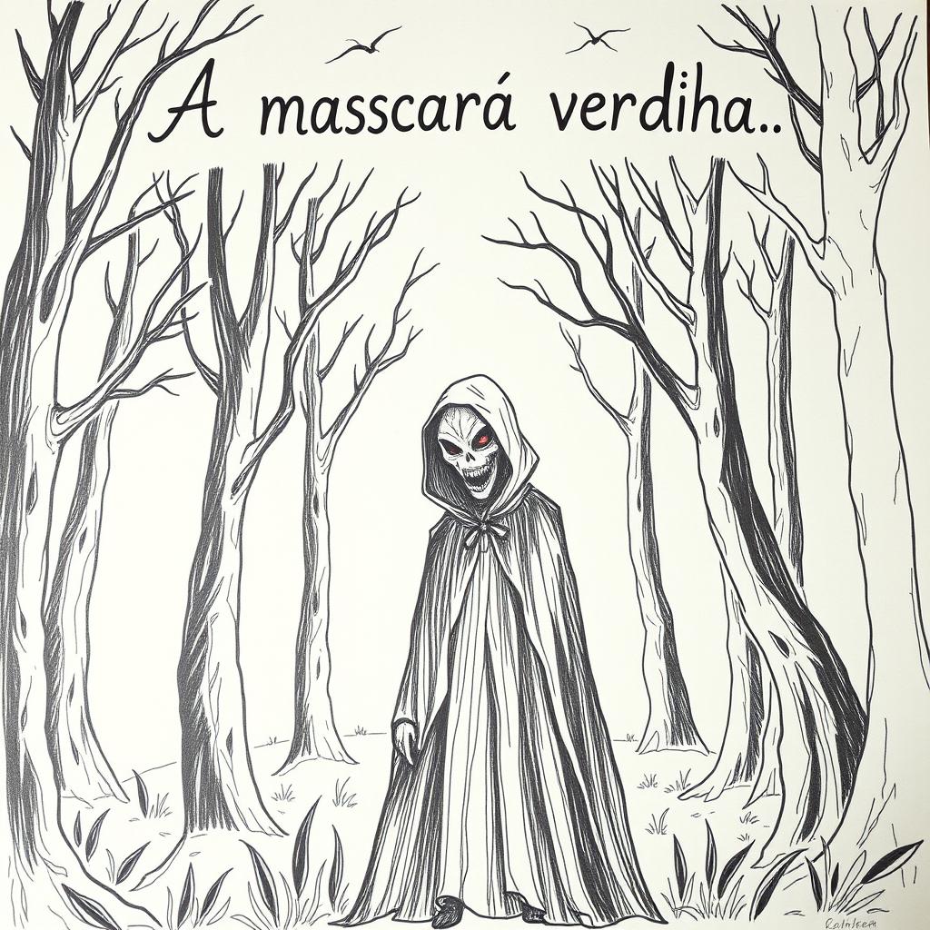 A hand-drawn image of a person in a black cloak with a demonic, frightening face, standing in the middle of a terrifying forest