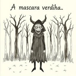 A hand-drawn image of a person in a black cloak with a demonic, frightening face, standing in the middle of a terrifying forest