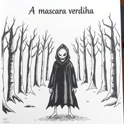 A hand-drawn image of a person in a black cloak with a demonic, frightening face, standing in the middle of a terrifying forest