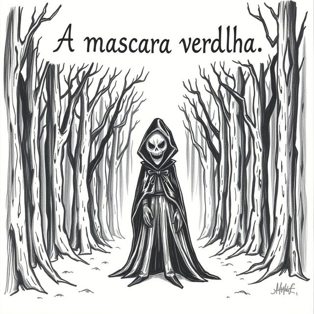 A hand-drawn image of a person in a black cloak with a demonic, frightening face, standing in the middle of a terrifying forest