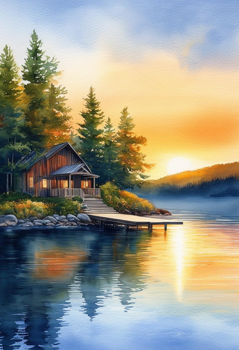 Watercolor painting of a serene lakeside scene with a dock, cabin, and sunset for a book cover.