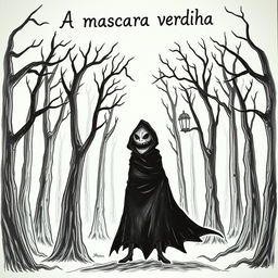 A hand-drawn image of a person in a black cloak with a demonic, frightening face, standing in the middle of a terrifying forest