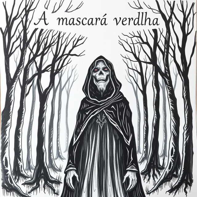 A hand-drawn image of a person in a black cloak with a demonic, frightening face, standing in the middle of a terrifying forest