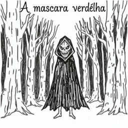 A hand-drawn image of a person in a black cloak with a demonic, frightening face, standing in the middle of a terrifying forest