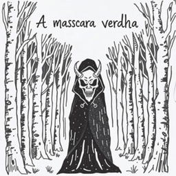 A hand-drawn image in black and white of a person wearing a black cloak with a demonic, frightening mask, standing in the middle of a scary forest