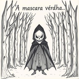 A hand-drawn image in black and white of a person wearing a black cloak with a demonic, frightening mask, standing in the middle of a scary forest