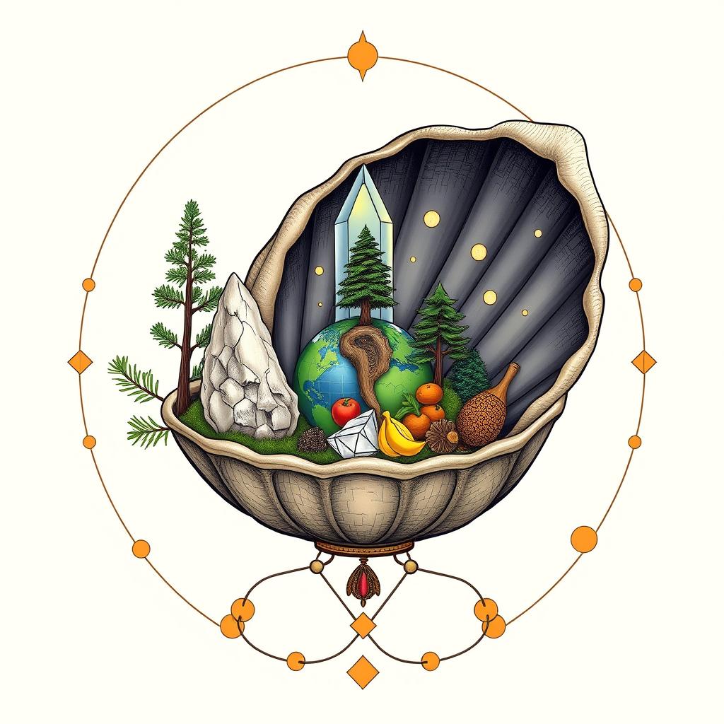 A stylized depiction of a shell, bowl, crystal, earth, microcosm, macrocosm, golden ratio, pine tree, food, and connection