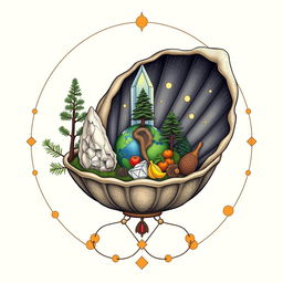 A stylized depiction of a shell, bowl, crystal, earth, microcosm, macrocosm, golden ratio, pine tree, food, and connection