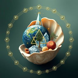 A stylized depiction of a shell, bowl, crystal, earth, microcosm, macrocosm, golden ratio, pine tree, food, and connection