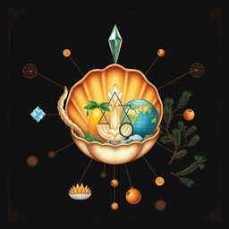 A stylized depiction of a shell, bowl, crystal, earth, microcosm, macrocosm, golden ratio, pine tree, food, and connection