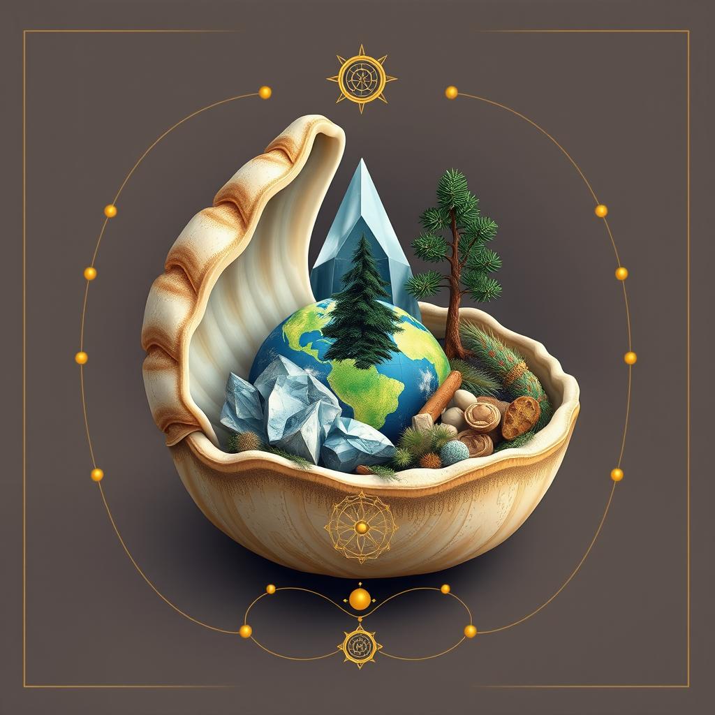 A stylized depiction of a shell, bowl, crystal, earth, microcosm, macrocosm, golden ratio, pine tree, food, and connection