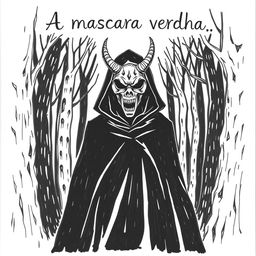 A hand-drawn image in black and white of a person wearing a black cloak and a terrifying, devilish mask