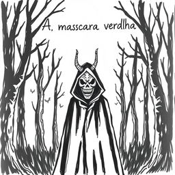 A hand-drawn image in black and white of a person wearing a black cloak and a terrifying, devilish mask