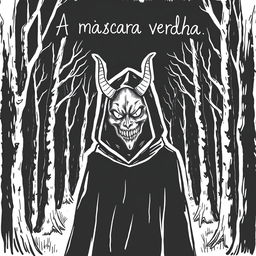 A hand-drawn image in black and white of a person wearing a black cloak and a terrifying, devilish mask