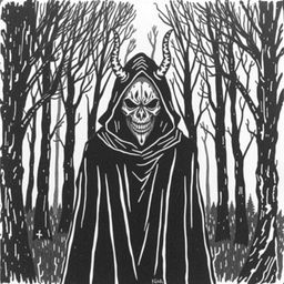 A hand-drawn image in black and white of a person wearing a black cloak and a terrifying, devilish mask