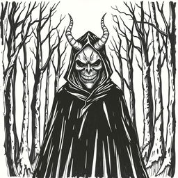 A hand-drawn image in black and white of a person wearing a black cloak and a terrifying, devilish mask